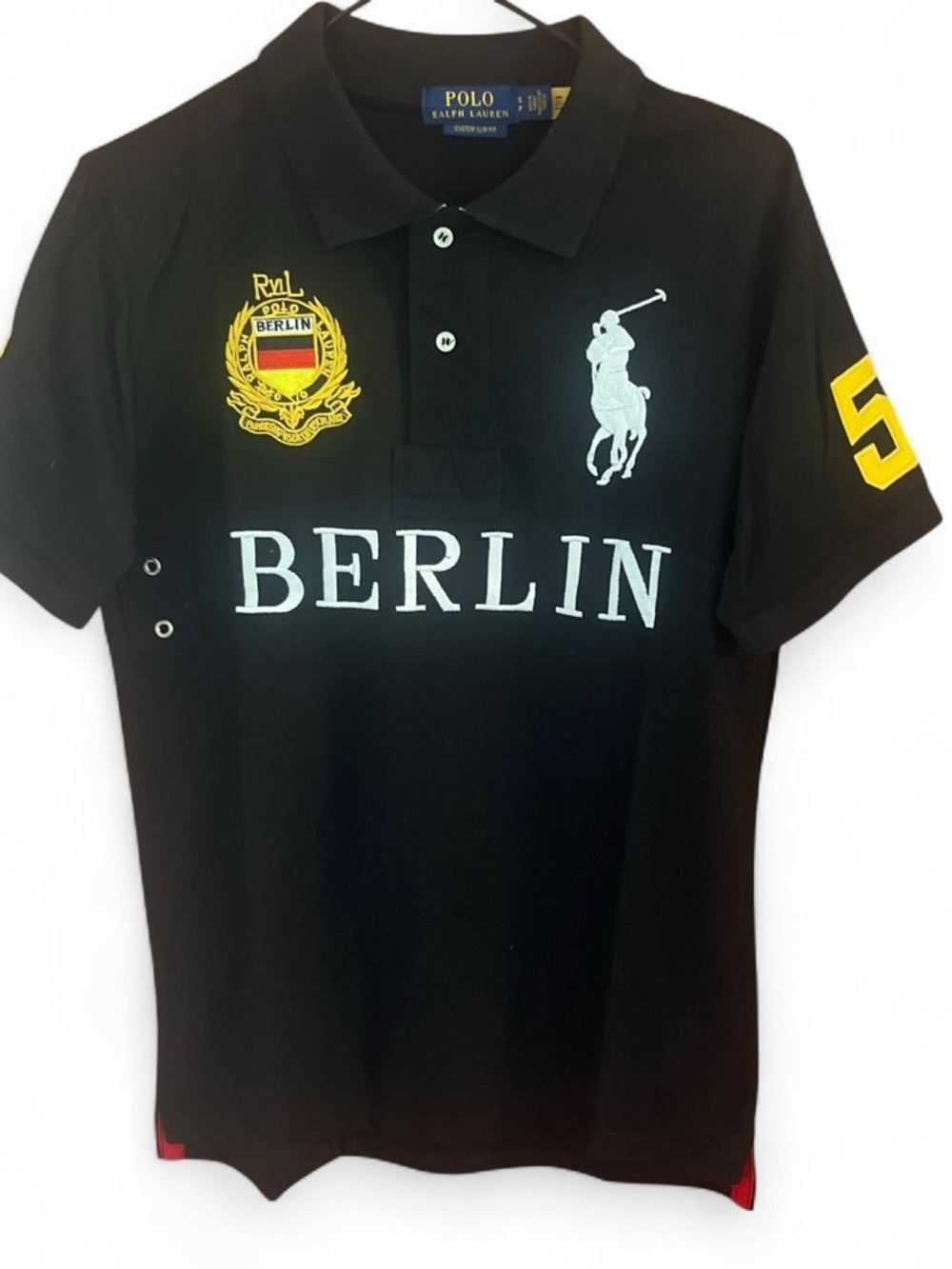 Polo by Ralph Lauren Black Berlin Crest Polo with Yellow Sleeve '5'